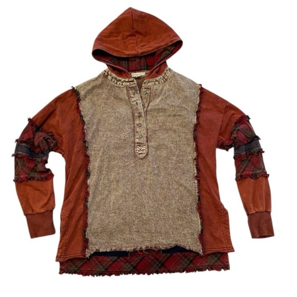 Gilded Intent Hoodie Rust Plaid Patchwork Distressed‎ Henley Womens L/XL